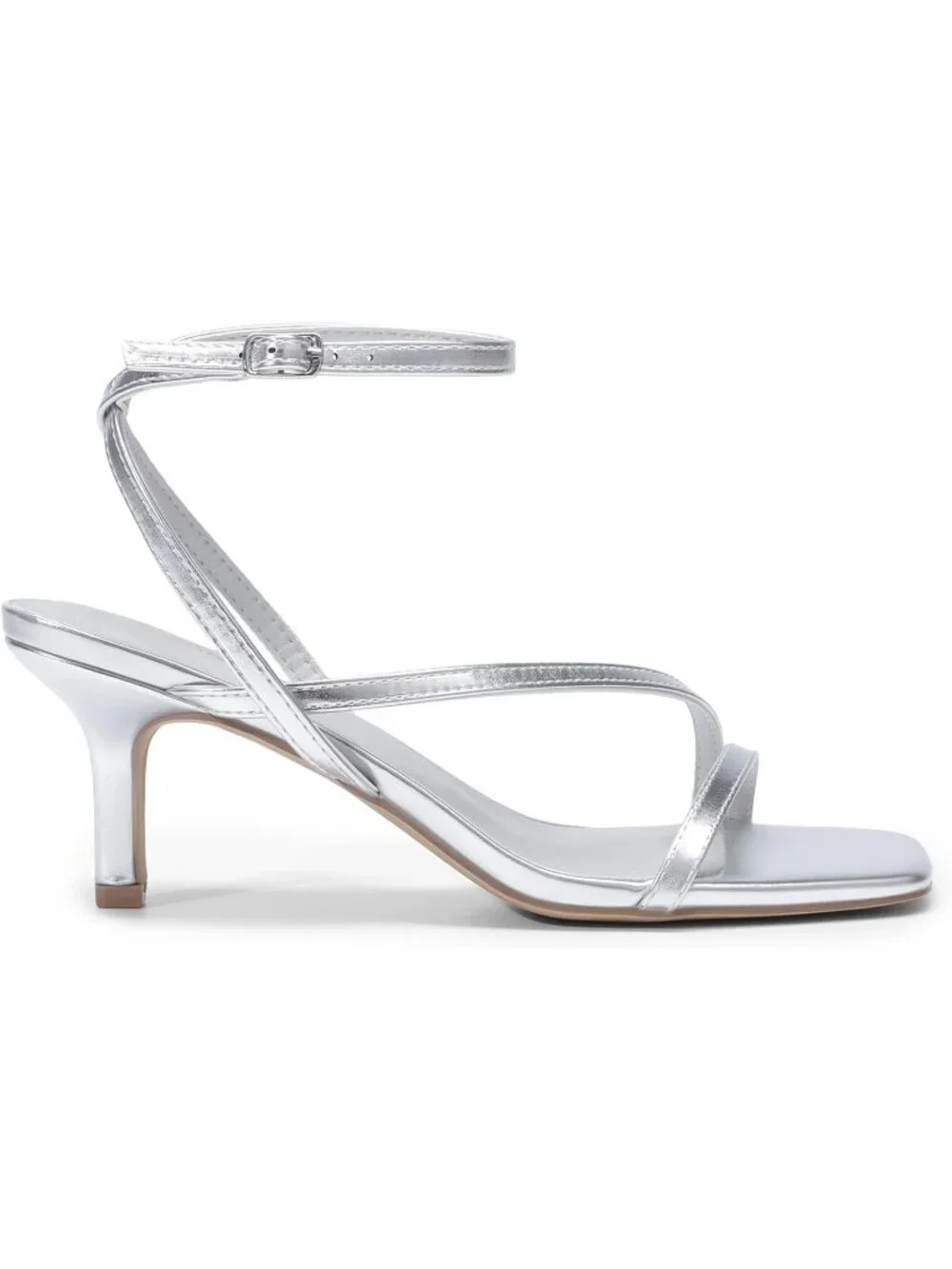 Women's Silver Faux Leather Low Kitten Heels Open Square Toe Ankle Strap Sandals